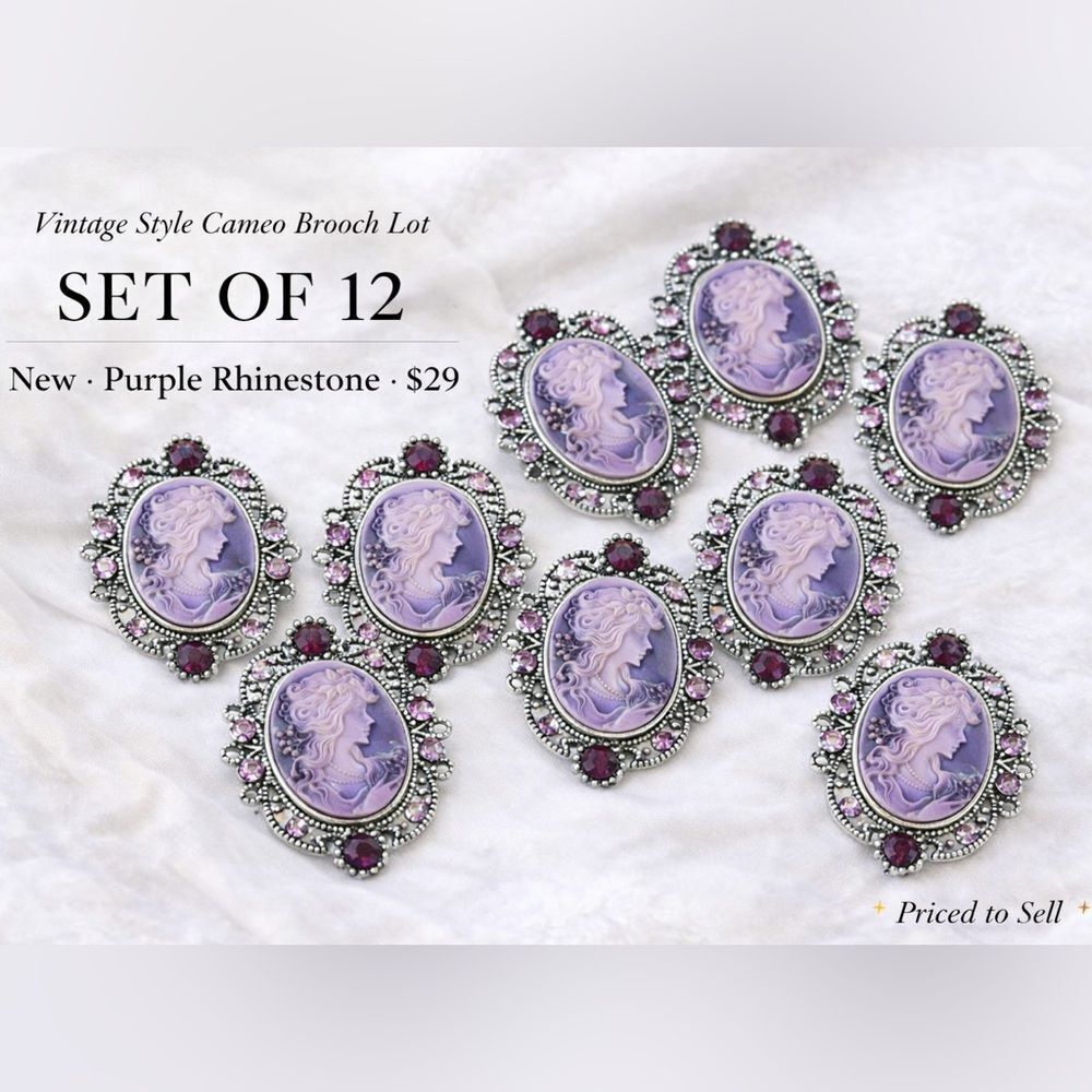 Vintage Style Purple Cameo Brooch Set/Bundle 12 Rhinestone Victorian Pins NWT